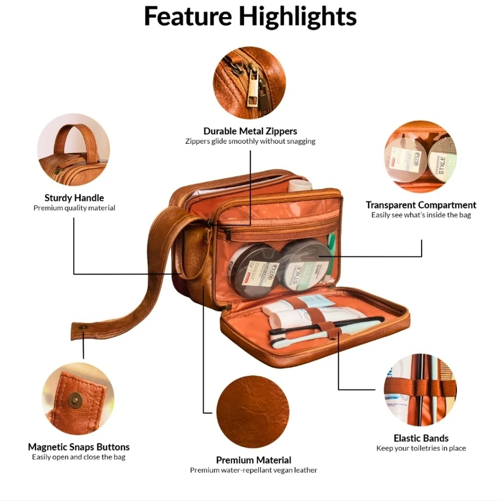 Brown Leather Men's/Women's Toiletry Bag - Picture 3 of 8